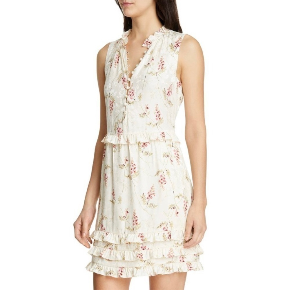 Rebecca Taylor Ivie Floral Silk Blend Ruffle Dress Size 10 Ivory Pink Green